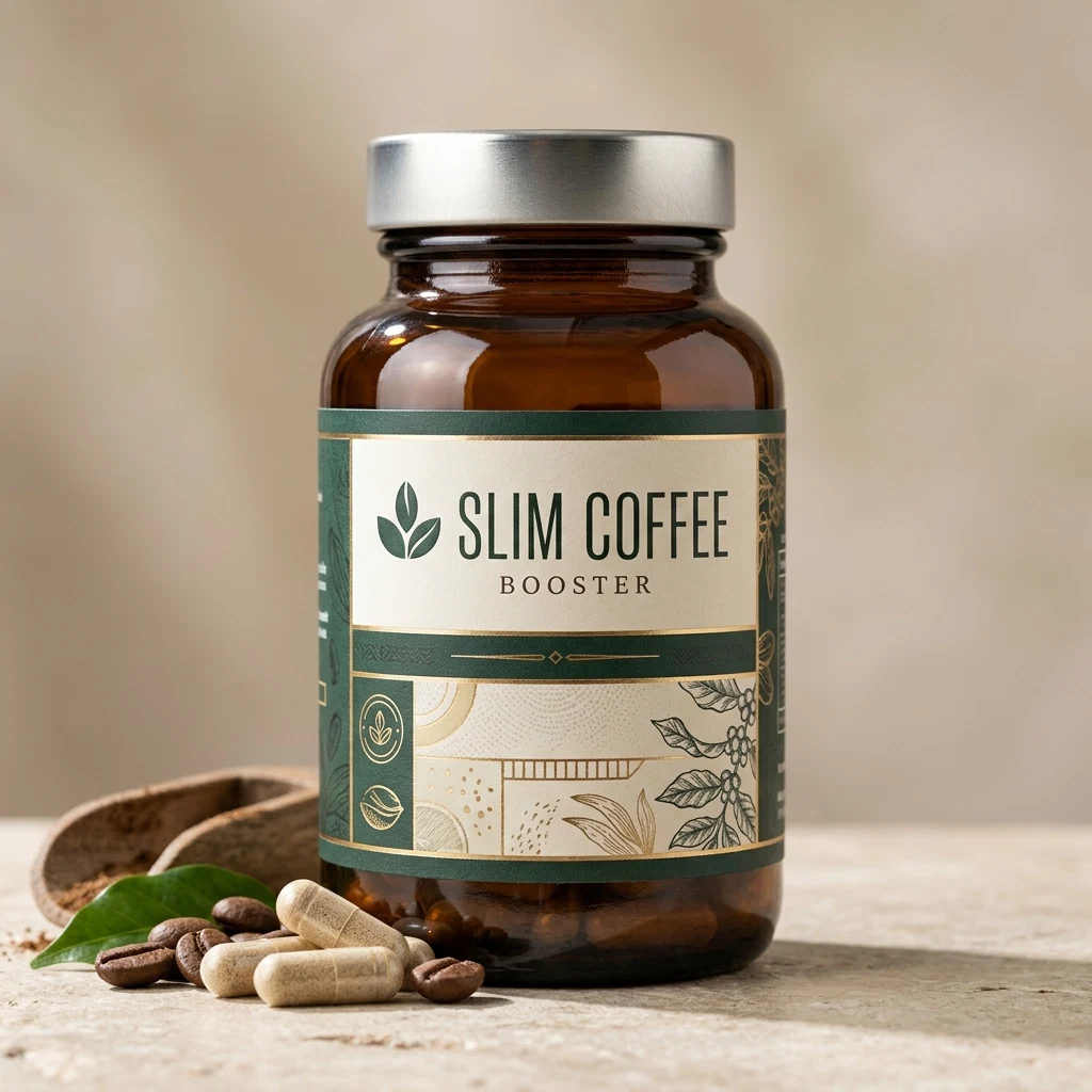 Slim Coffee Booster - dark charcoal box with purple and cream label, plant-based metabolism support supplement